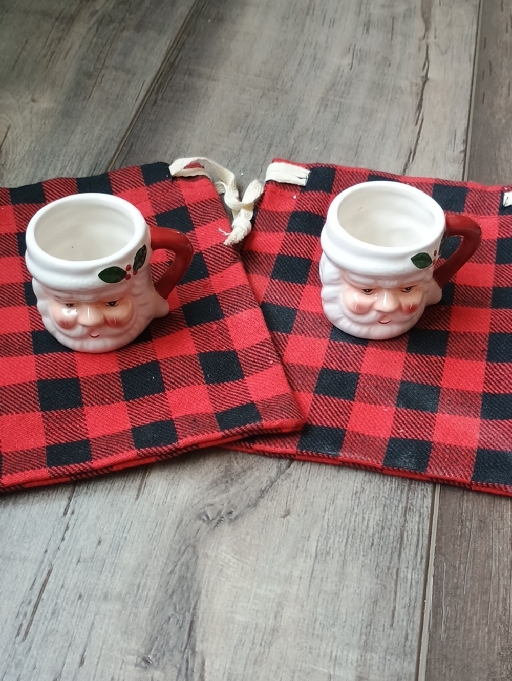 Mini Ceramic Santa Face Mugs Set of 2 - White with Red Handles